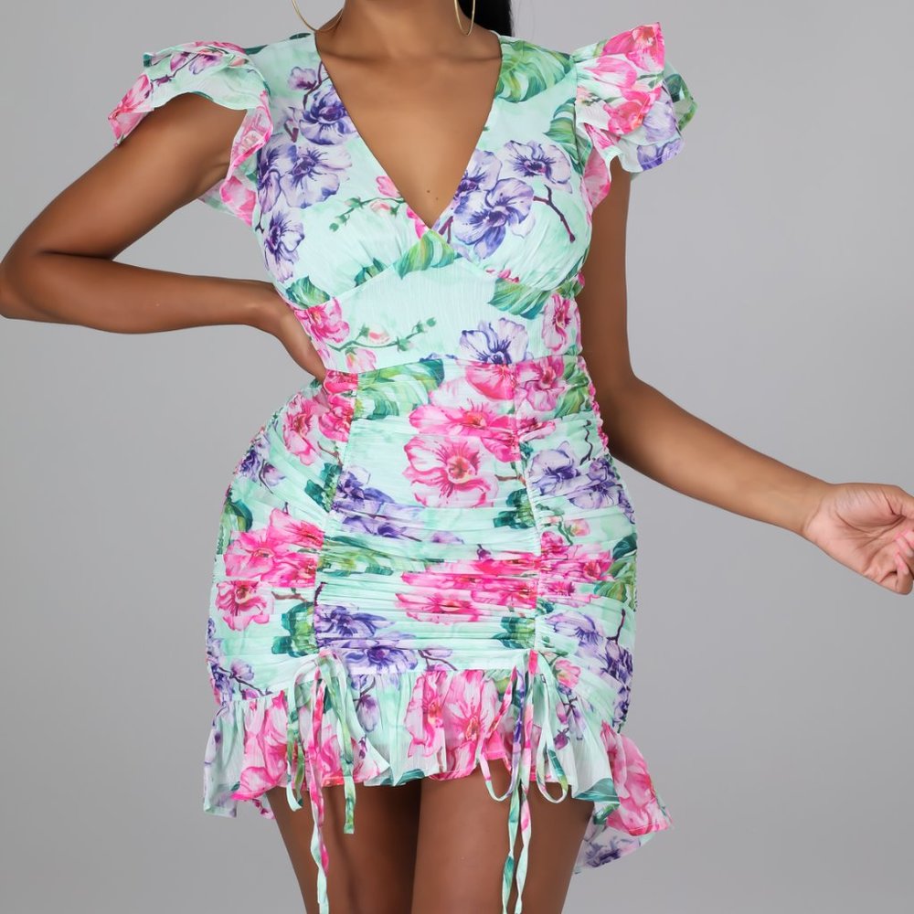 Blue/Green Multi-Colored Floral Print Dress